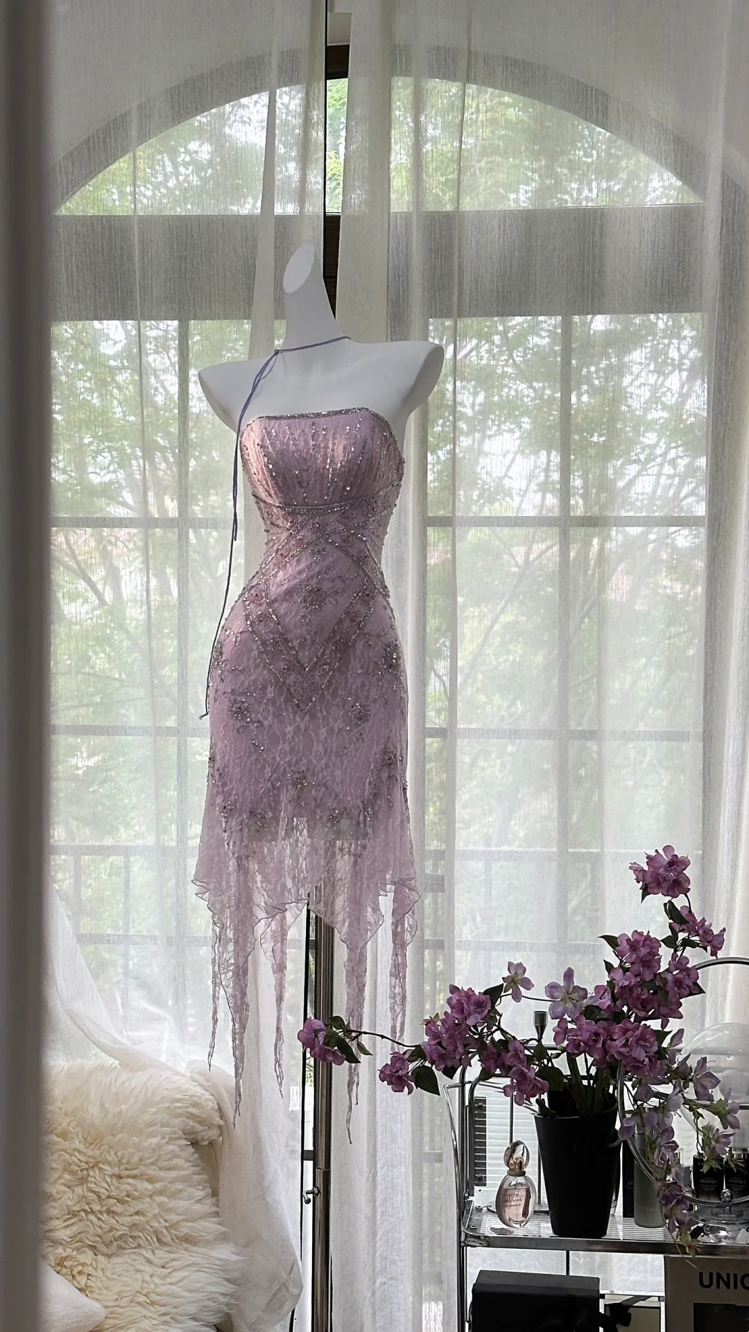 Enchanting Dusty Lavender Strapless Beaded Lace Irregular Tassel Bodycon Short Homecoming Dress AS2736