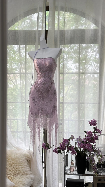 Enchanting Dusty Lavender Strapless Beaded Lace Irregular Tassel Bodycon Short Homecoming Dress AS2736