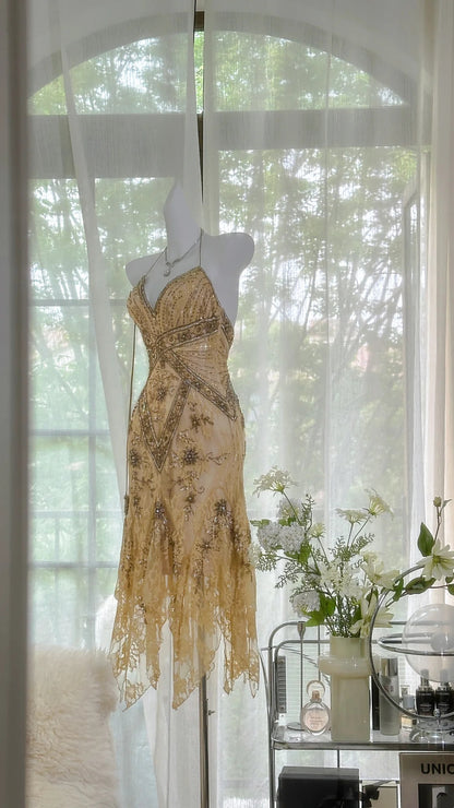 Gorgeous Gold Halter V Neck Beaded Lace Irregular Hem Bodycon Midi Homecoming Dress AS2737