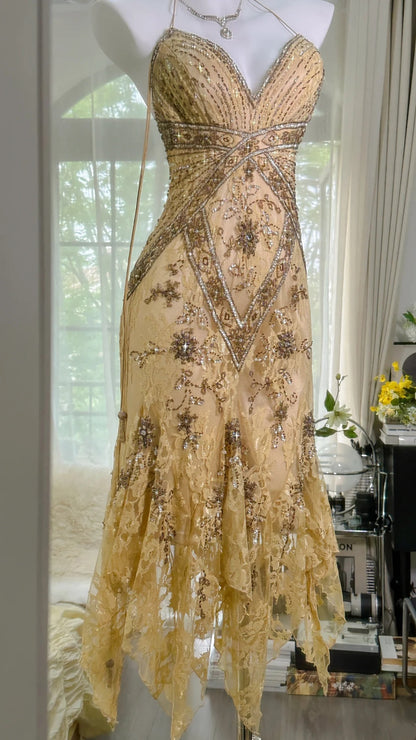 Gorgeous Gold Halter V Neck Beaded Lace Irregular Hem Bodycon Midi Homecoming Dress AS2737