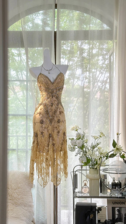 Gorgeous Gold Halter V Neck Beaded Lace Irregular Hem Bodycon Midi Homecoming Dress AS2737
