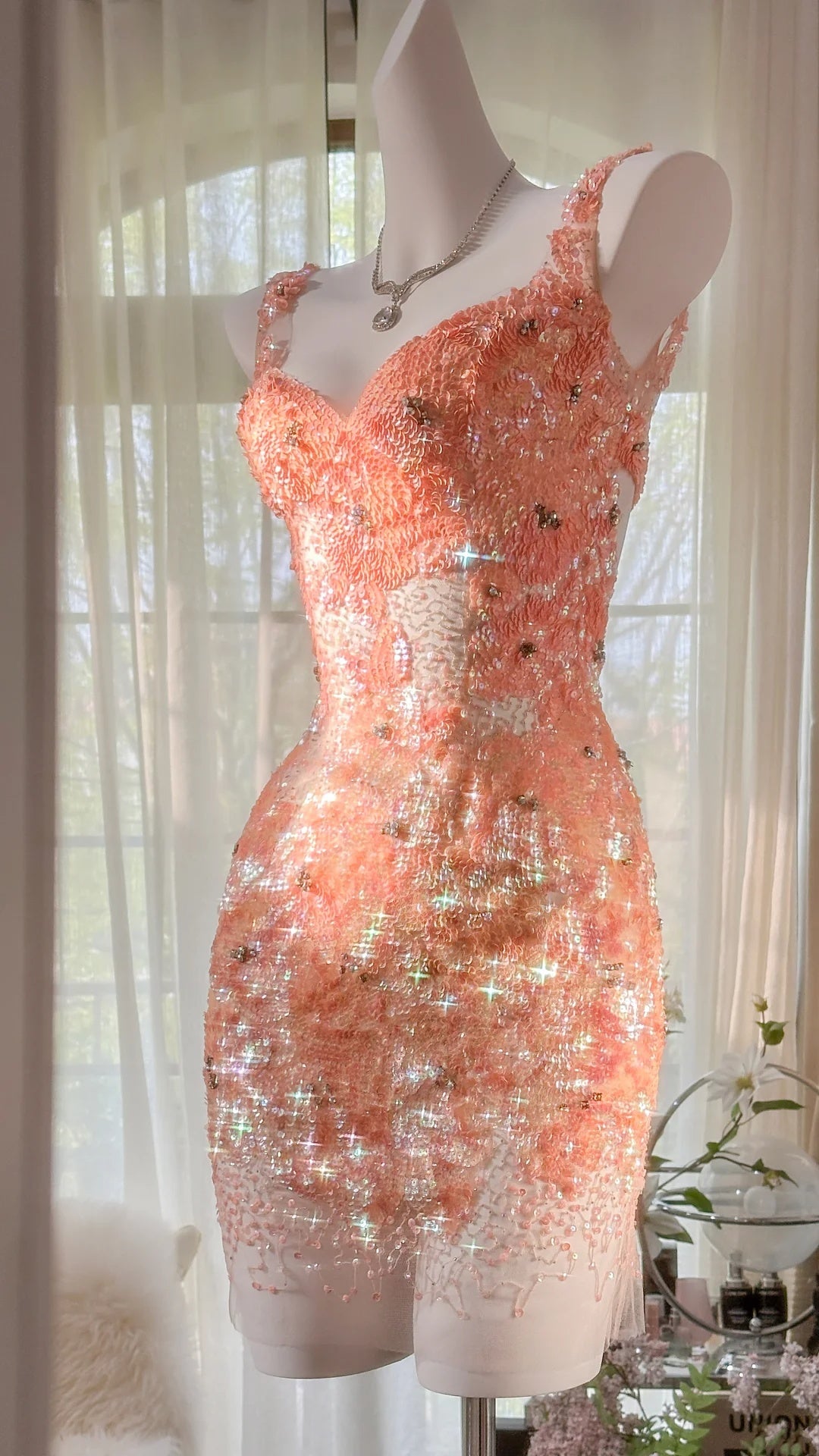 Stunning Coral Sweetheart Strap Sequin Beaded Bodycon Short Homecoming Dress AS2738