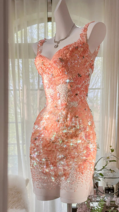 Stunning Coral Sweetheart Strap Sequin Beaded Bodycon Short Homecoming Dress AS2738