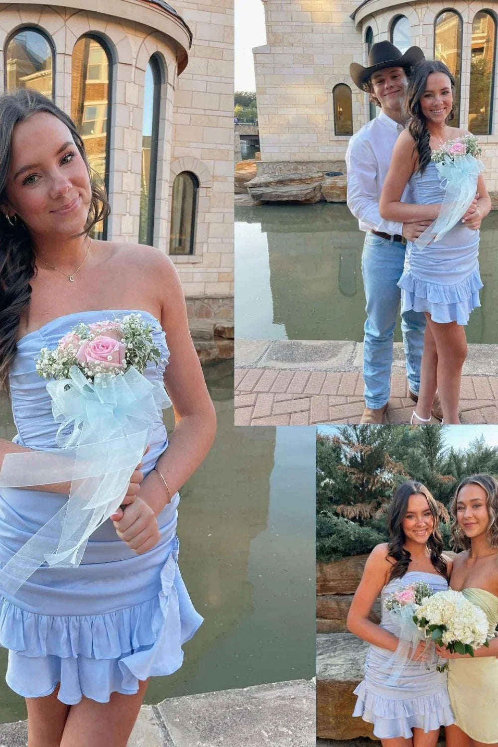 Light Blue Strapless Ruched Mini Homecoming Dress With Ruffled Hem AS274
