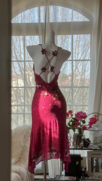 Luxe Burgundy Spaghetti Strap V Neck 3D Floral Beaded Sheath Midi Homecoming Dress AS2740