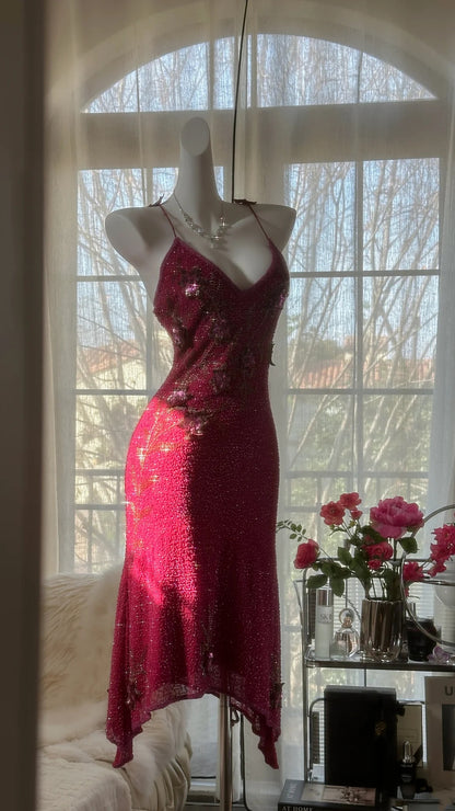 Luxe Burgundy Spaghetti Strap V Neck 3D Floral Beaded Sheath Midi Homecoming Dress AS2740