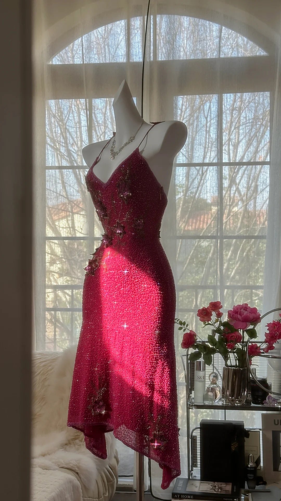 Luxe Burgundy Spaghetti Strap V Neck 3D Floral Beaded Sheath Midi Homecoming Dress AS2740