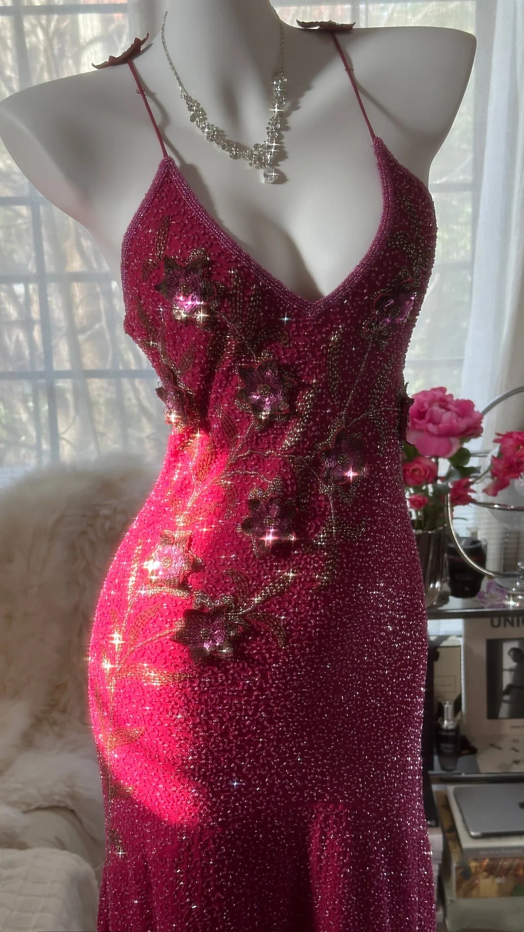 Luxe Burgundy Spaghetti Strap V Neck 3D Floral Beaded Sheath Midi Homecoming Dress AS2740