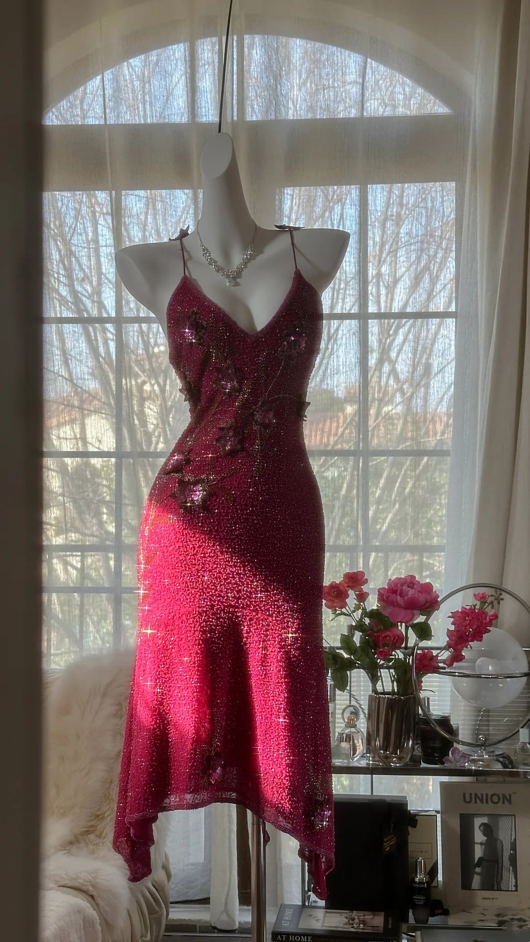 Luxe Burgundy Spaghetti Strap V Neck 3D Floral Beaded Sheath Midi Homecoming Dress AS2740