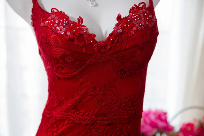 Glam Red Spaghetti Strap Sweetheart Lace Rhinestone Appliques Asymmetrical Ruffled Hem Bodycon Midi Homecoming Dress AS2741
