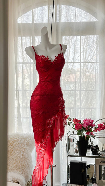 Glam Red Spaghetti Strap Sweetheart Lace Rhinestone Appliques Asymmetrical Ruffled Hem Bodycon Midi Homecoming Dress AS2741