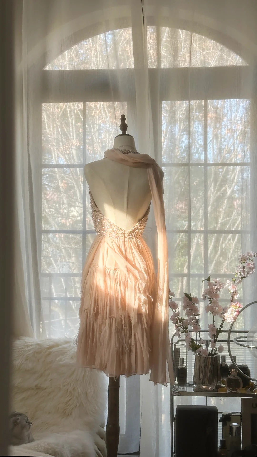 Elegant Blush Beaded Deep V Neck Tiered Tulle A Line Short Homecoming Dress With Shawl AS2742