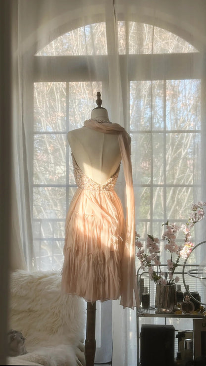 Elegant Blush Beaded Deep V Neck Tiered Tulle A Line Short Homecoming Dress With Shawl AS2742