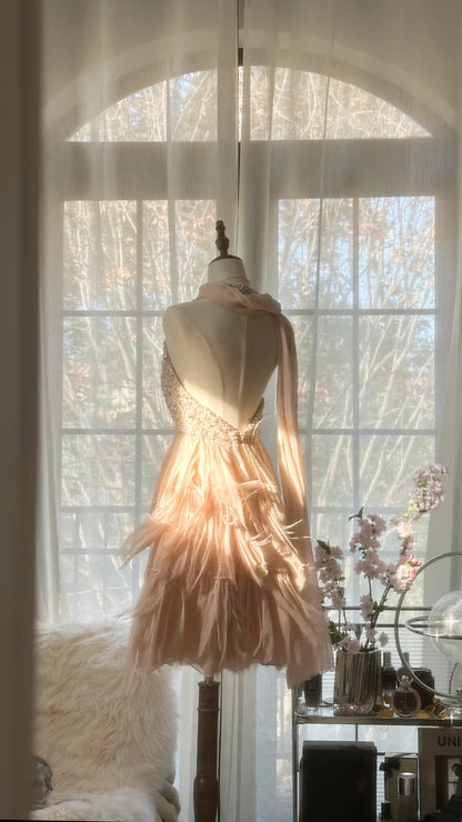 Elegant Blush Beaded Deep V Neck Tiered Tulle A Line Short Homecoming Dress With Shawl AS2742