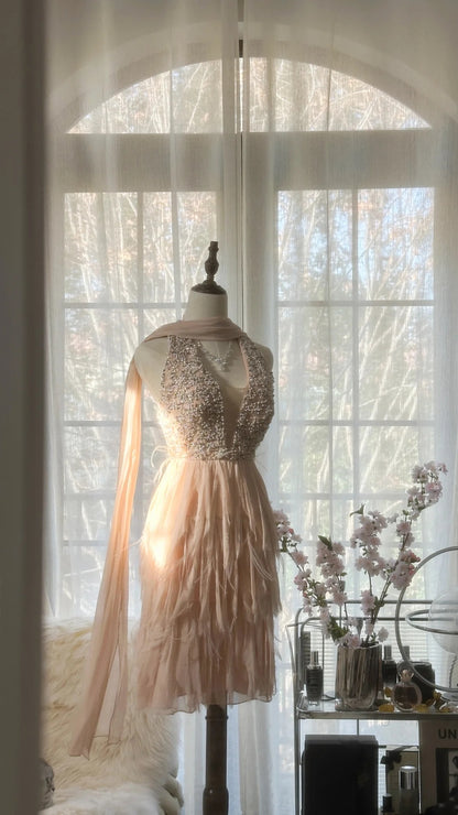 Elegant Blush Beaded Deep V Neck Tiered Tulle A Line Short Homecoming Dress With Shawl AS2742