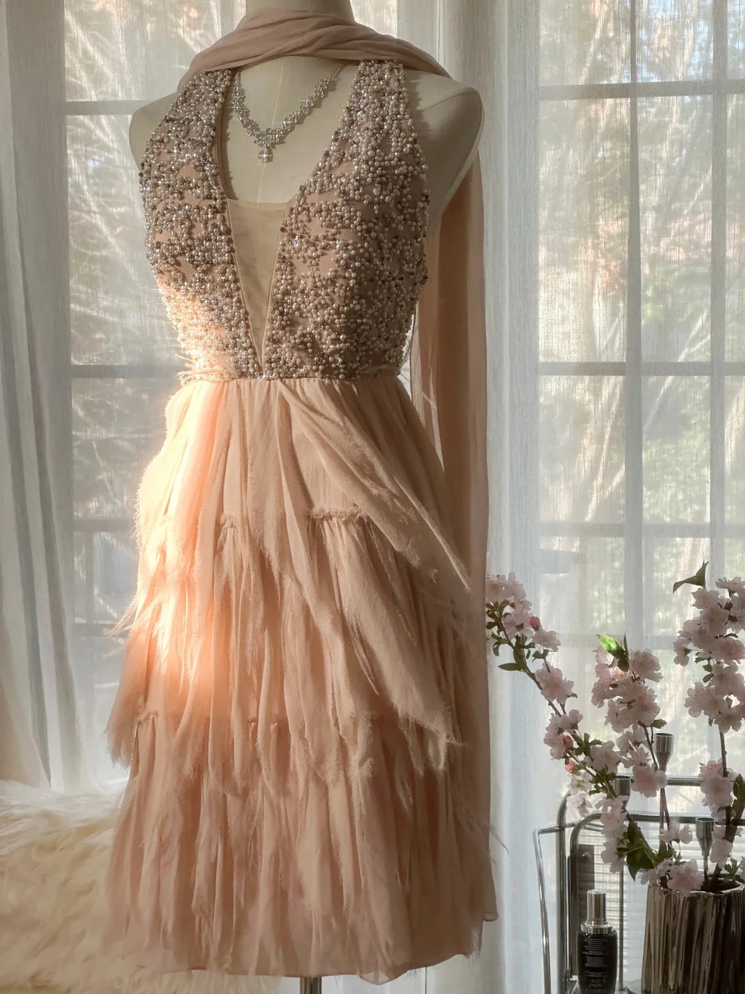 Elegant Blush Beaded Deep V Neck Tiered Tulle A Line Short Homecoming Dress With Shawl AS2742