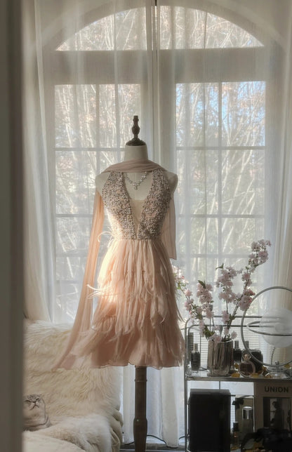 Elegant Blush Beaded Deep V Neck Tiered Tulle A Line Short Homecoming Dress With Shawl AS2742