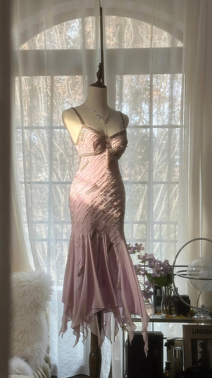 Stunning Dusty Pink Beaded Spaghetti Straps Midi Mermaid Homecoming Dress AS2743