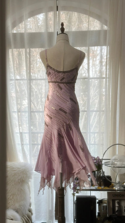 Stunning Dusty Pink Beaded Spaghetti Straps Midi Mermaid Homecoming Dress AS2743