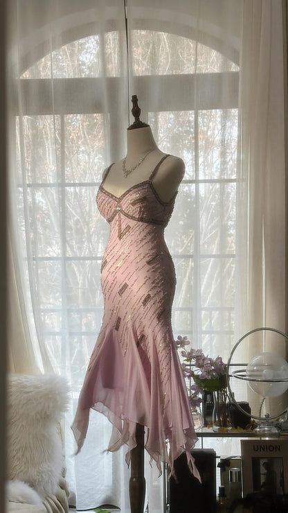 Stunning Dusty Pink Beaded Spaghetti Straps Midi Mermaid Homecoming Dress AS2743