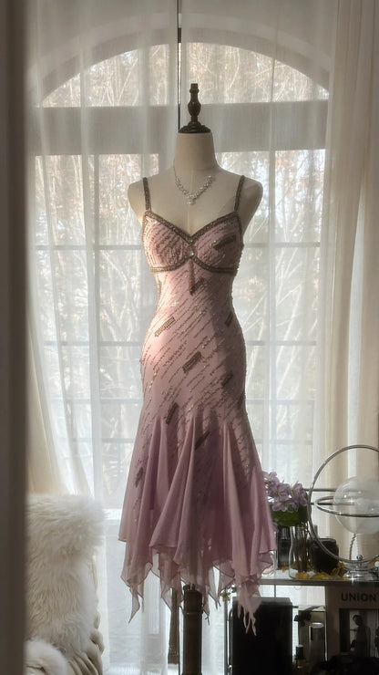 Stunning Dusty Pink Beaded Spaghetti Straps Midi Mermaid Homecoming Dress AS2743
