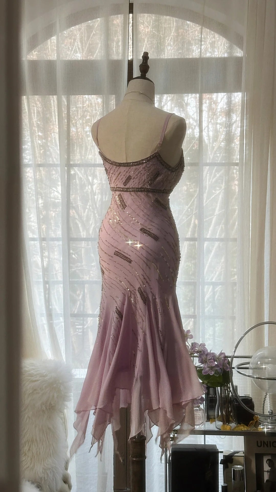 Stunning Dusty Pink Beaded Spaghetti Straps Midi Mermaid Homecoming Dress AS2743