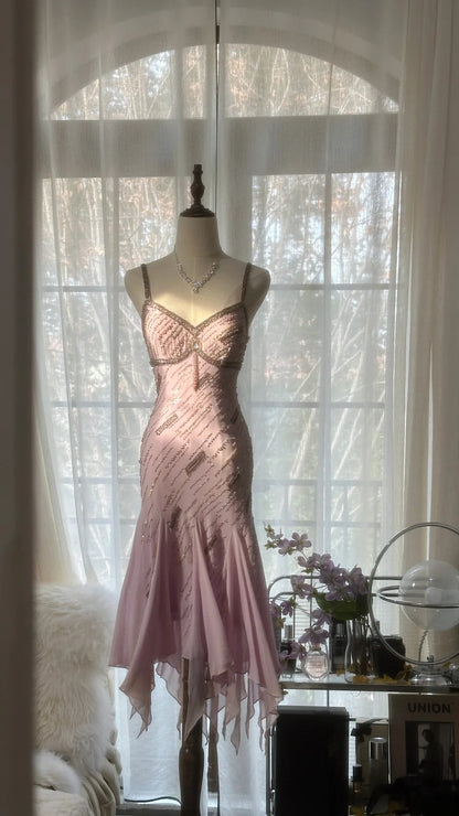 Stunning Dusty Pink Beaded Spaghetti Straps Midi Mermaid Homecoming Dress AS2743