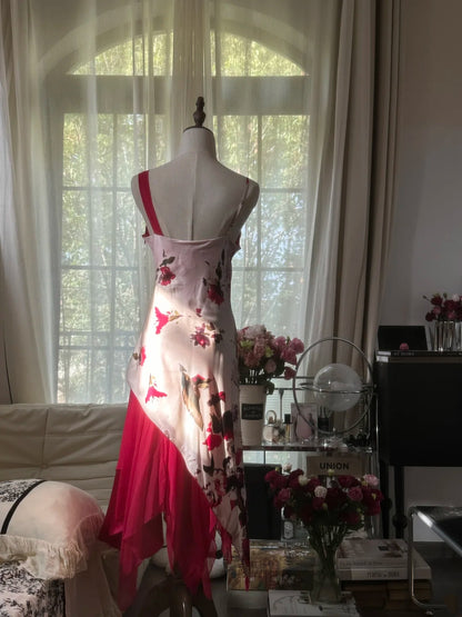 Bold Red Floral Print Asymmetrical Straps V Neck Ruffle Midi A Line Homecoming Dress AS2744