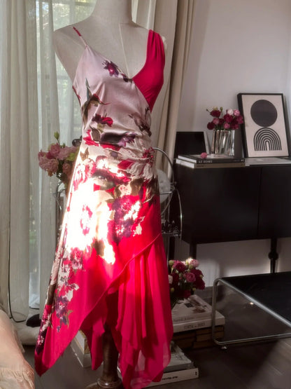 Bold Red Floral Print Asymmetrical Straps V Neck Ruffle Midi A Line Homecoming Dress AS2744