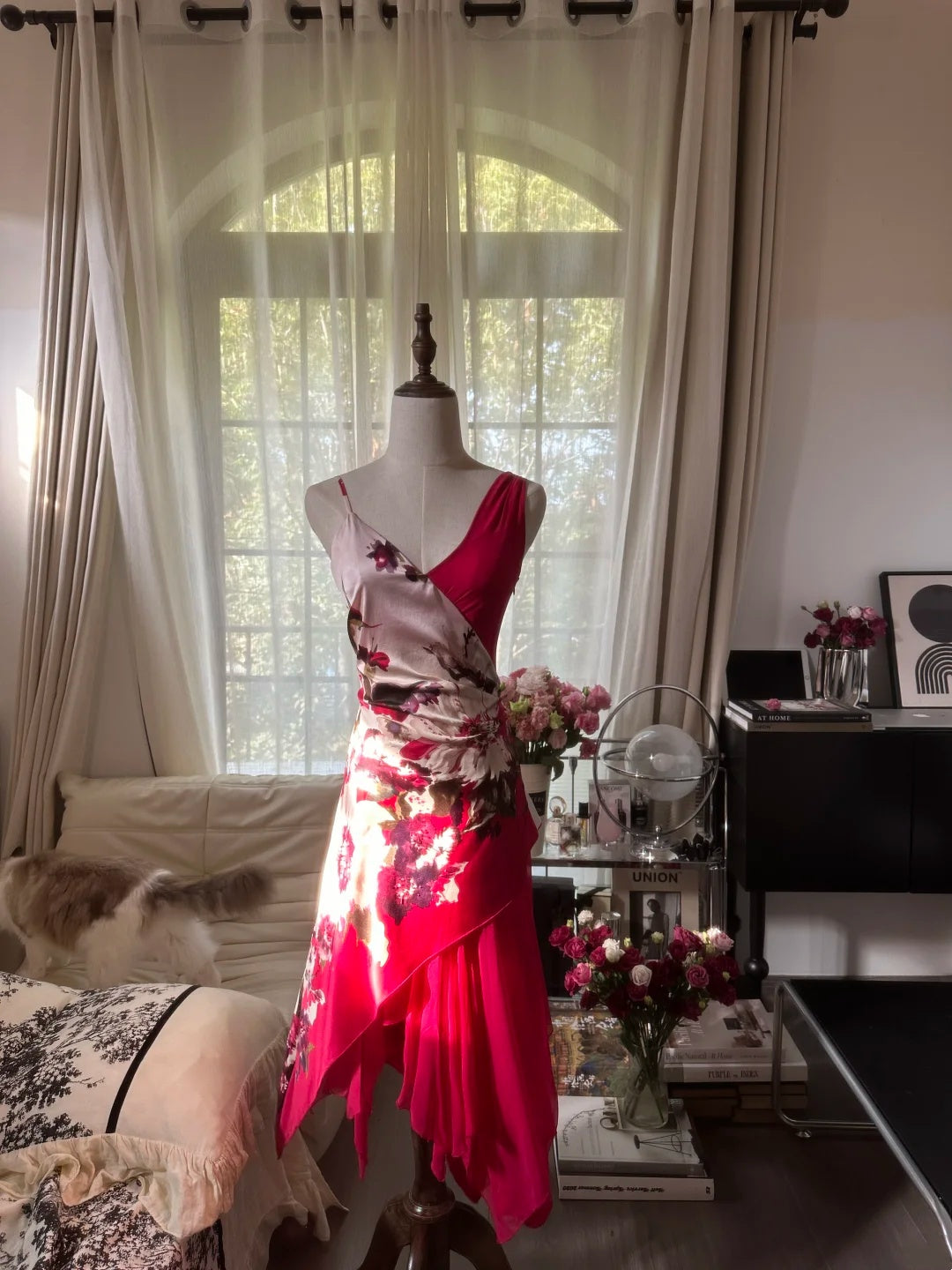 Bold Red Floral Print Asymmetrical Straps V Neck Ruffle Midi A Line Homecoming Dress AS2744