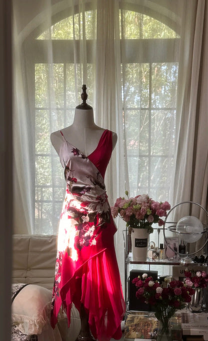 Bold Red Floral Print Asymmetrical Straps V Neck Ruffle Midi A Line Homecoming Dress AS2744
