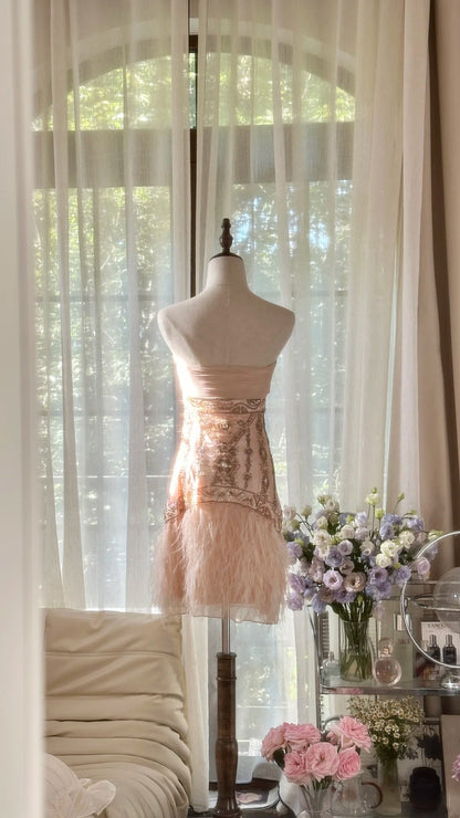 Elegant Peach Strapless Ruched Bodice Beaded Waist Feather Sheath Short Homecoming Dress AS2745