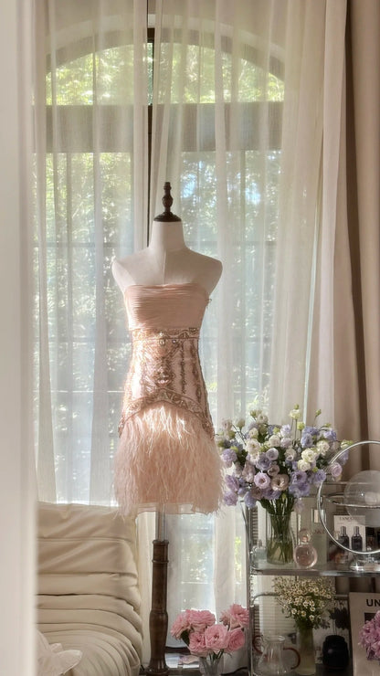 Elegant Peach Strapless Ruched Bodice Beaded Waist Feather Sheath Short Homecoming Dress AS2745