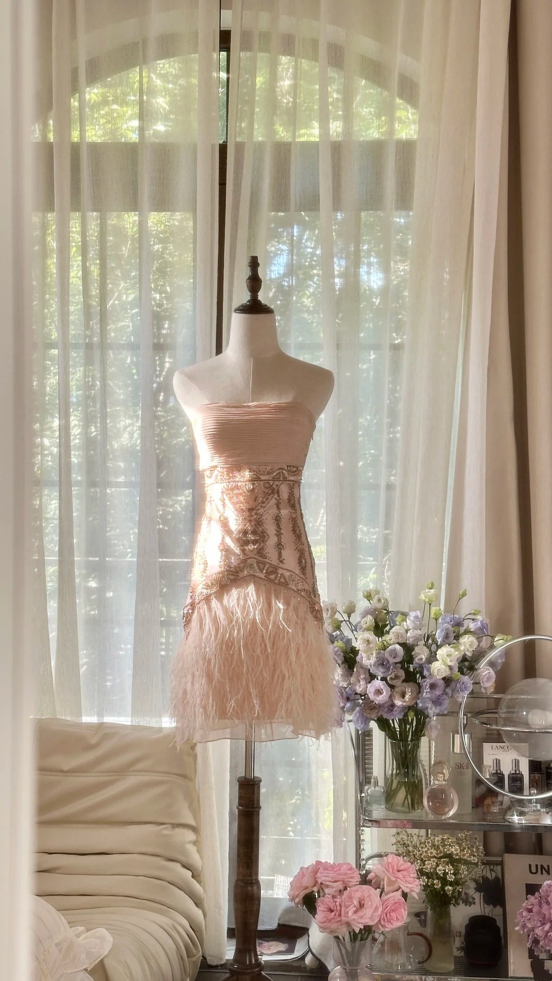 Elegant Peach Strapless Ruched Bodice Beaded Waist Feather Sheath Short Homecoming Dress AS2745