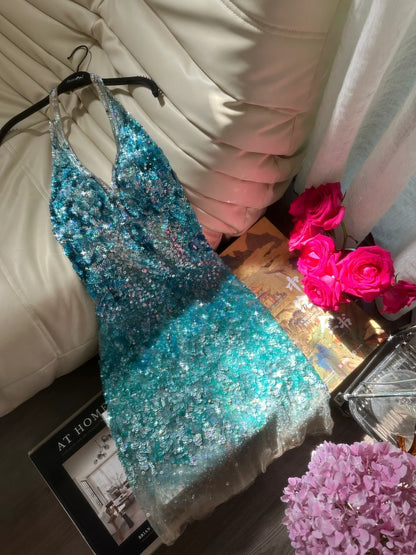 Dazzling Birthday Dress Turquoise Halter V Neck Sequin Bodycon Short Homecoming Dress AS2748