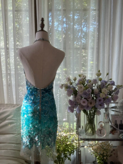 Dazzling Birthday Dress Turquoise Halter V Neck Sequin Bodycon Short Homecoming Dress AS2748