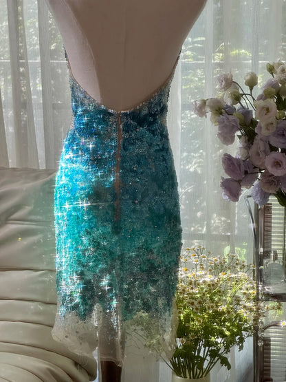 Dazzling Birthday Dress Turquoise Halter V Neck Sequin Bodycon Short Homecoming Dress AS2748