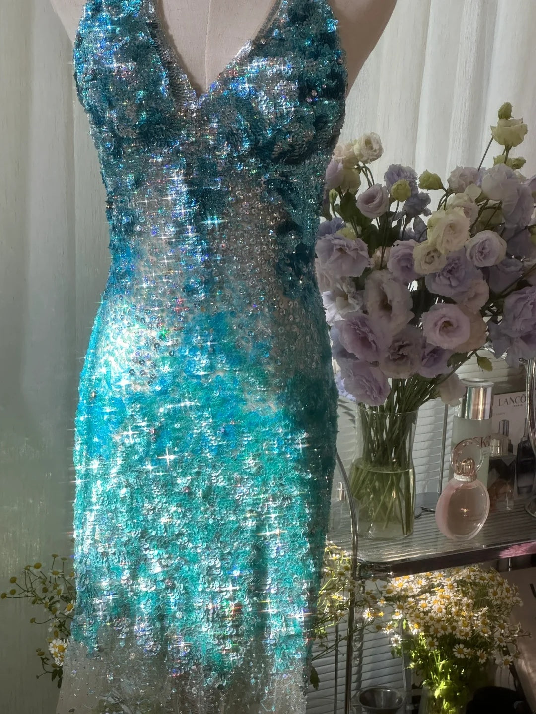 Dazzling Birthday Dress Turquoise Halter V Neck Sequin Bodycon Short Homecoming Dress AS2748