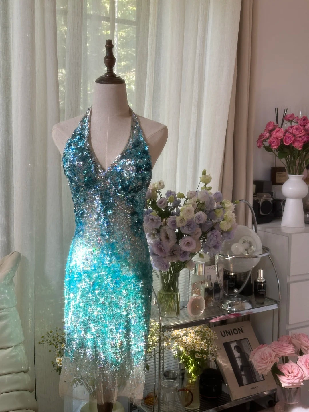 Dazzling Birthday Dress Turquoise Halter V Neck Sequin Bodycon Short Homecoming Dress AS2748