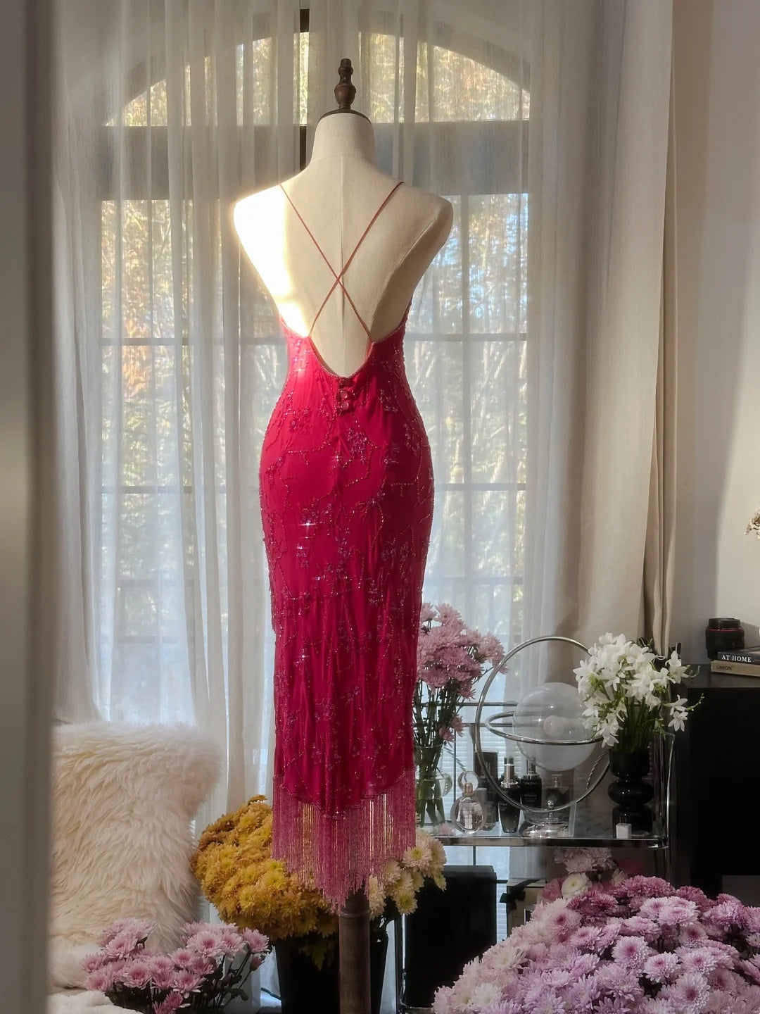 Vibrant Red Beaded Birthday Dress Spaghetti Straps Midi Bodycon Homecoming Dress With Fringe Hem AS2749