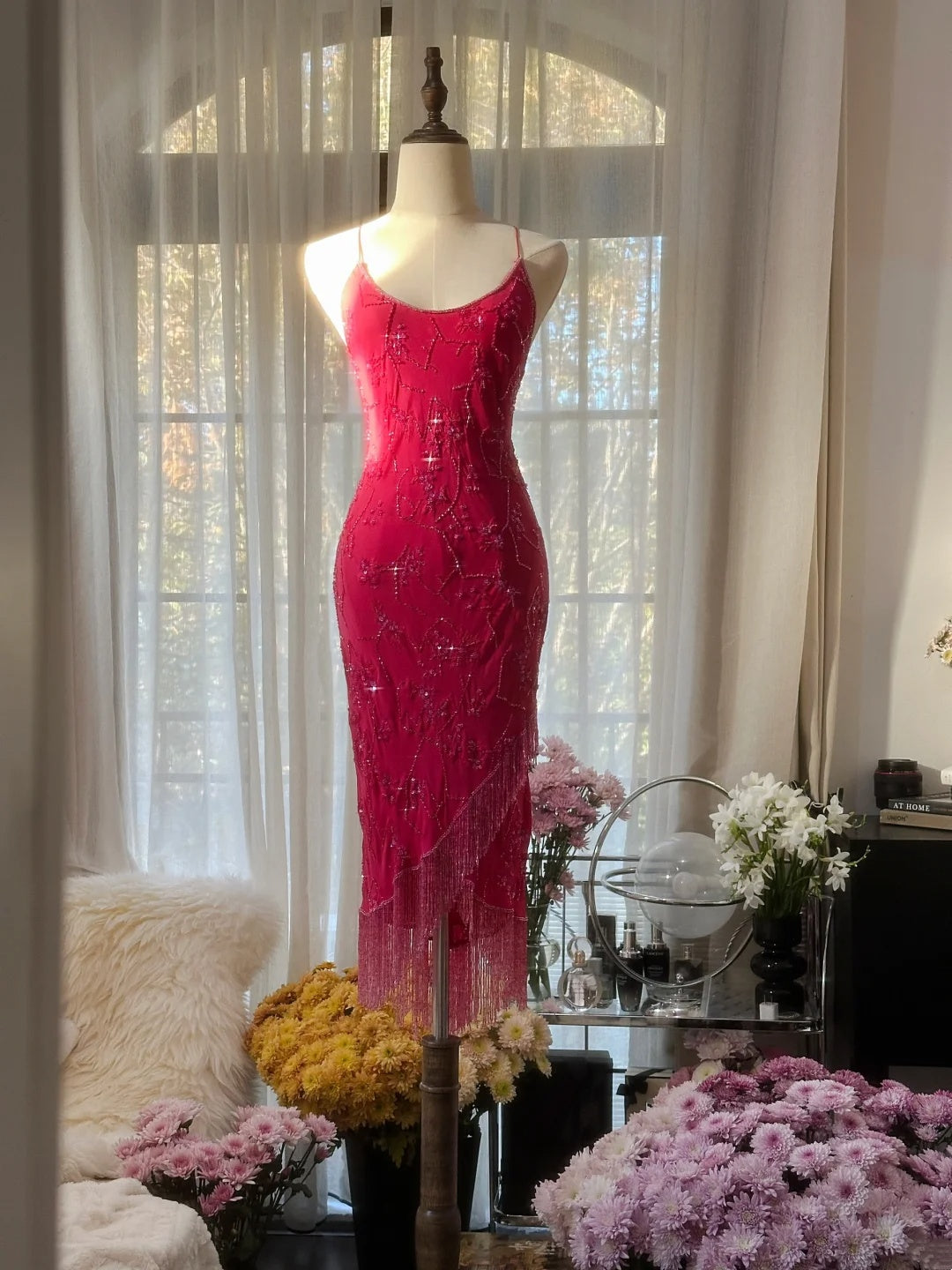 Vibrant Red Beaded Birthday Dress Spaghetti Straps Midi Bodycon Homecoming Dress With Fringe Hem AS2749