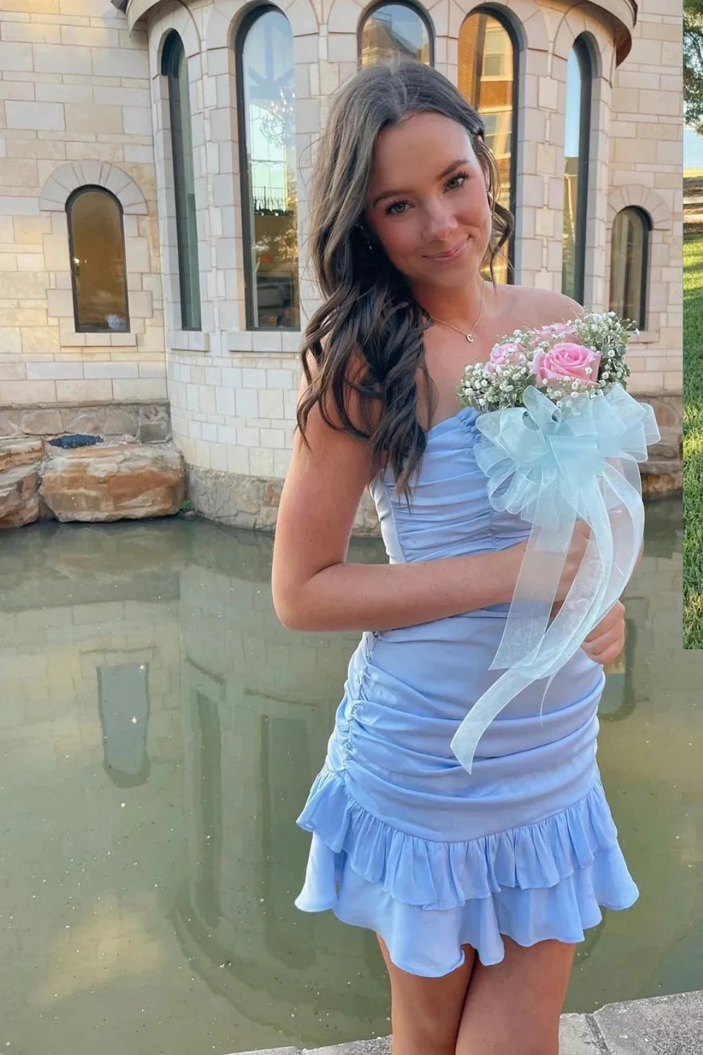 Light Blue Strapless Ruched Mini Homecoming Dress With Ruffled Hem AS274