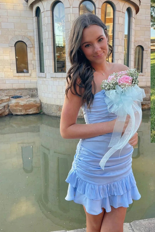 Light Blue Strapless Ruched Mini Homecoming Dress With Ruffled Hem AS274