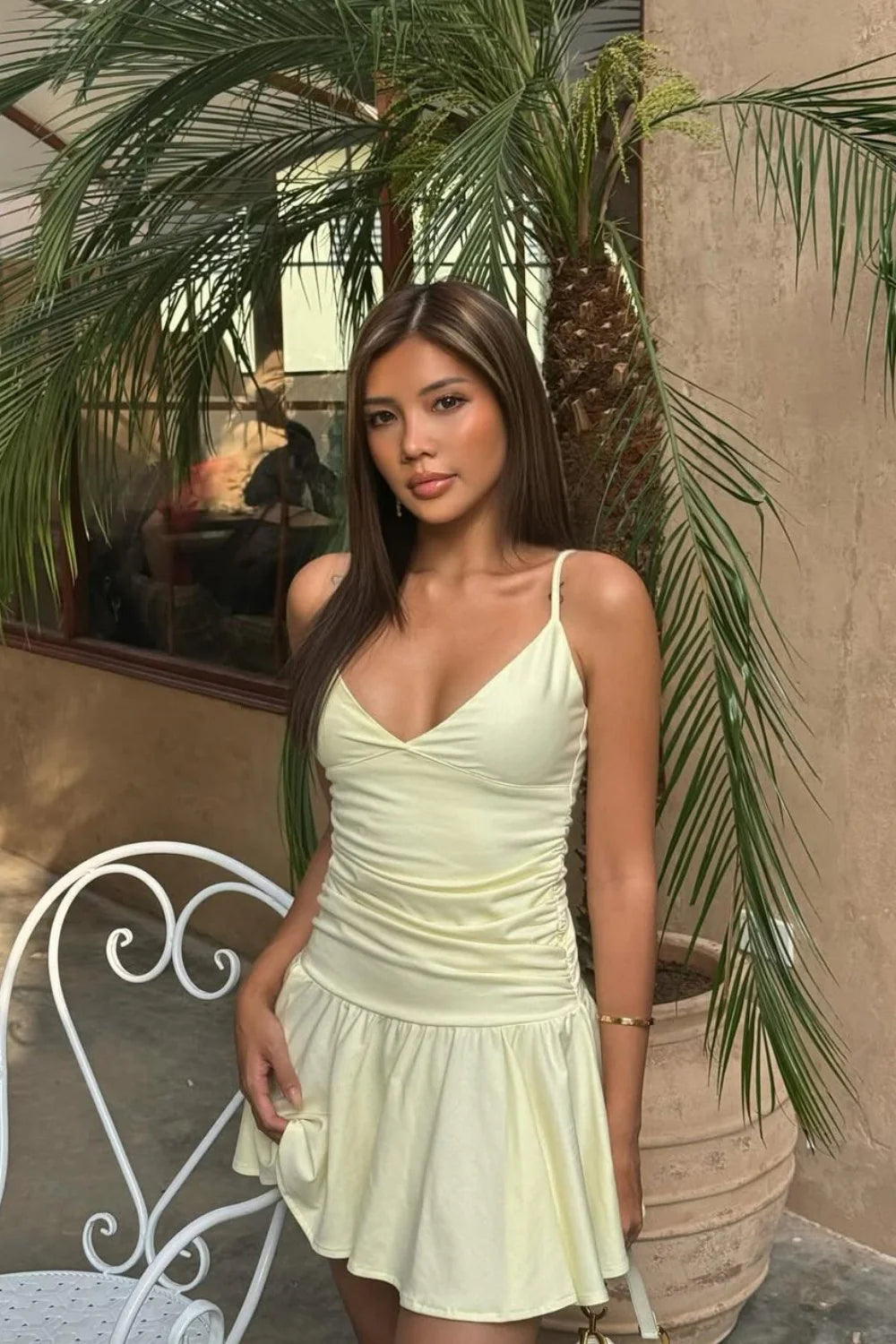 Butter Yellow Ruched Plunging Spaghetti Strap Homecoming Dress AS275