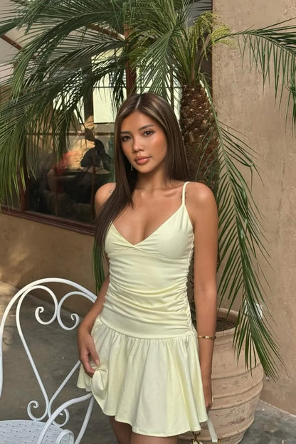 Butter Yellow Ruched Plunging Spaghetti Strap Homecoming Dress AS275