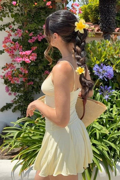 Butter Yellow Ruched Plunging Spaghetti Strap Homecoming Dress AS275