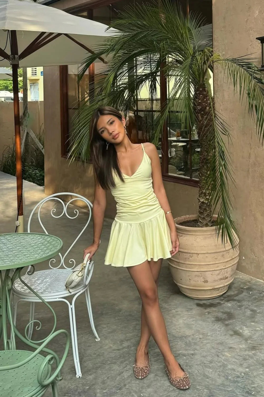 Butter Yellow Ruched Plunging Spaghetti Strap Homecoming Dress AS275