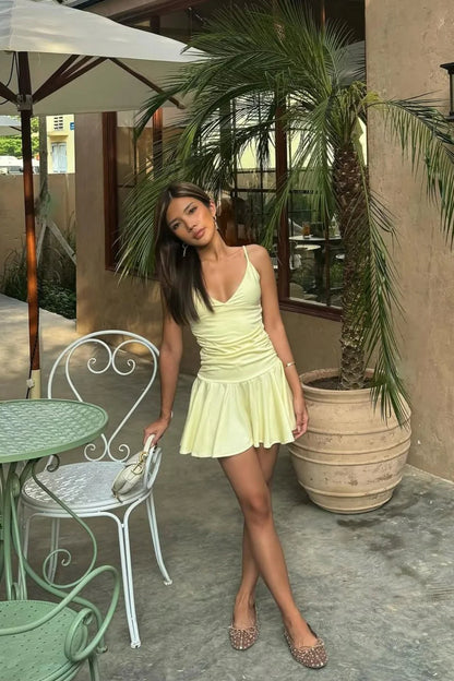 Butter Yellow Ruched Plunging Spaghetti Strap Homecoming Dress AS275