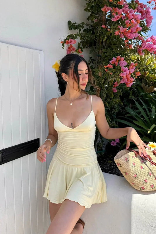 Butter Yellow Ruched Plunging Spaghetti Strap Homecoming Dress AS275