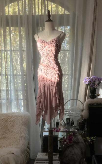Romantic Dusty Pink 3D Floral Appliques Beaded Spaghetti Straps Midi Mermaid Homecoming Dress AS2750
